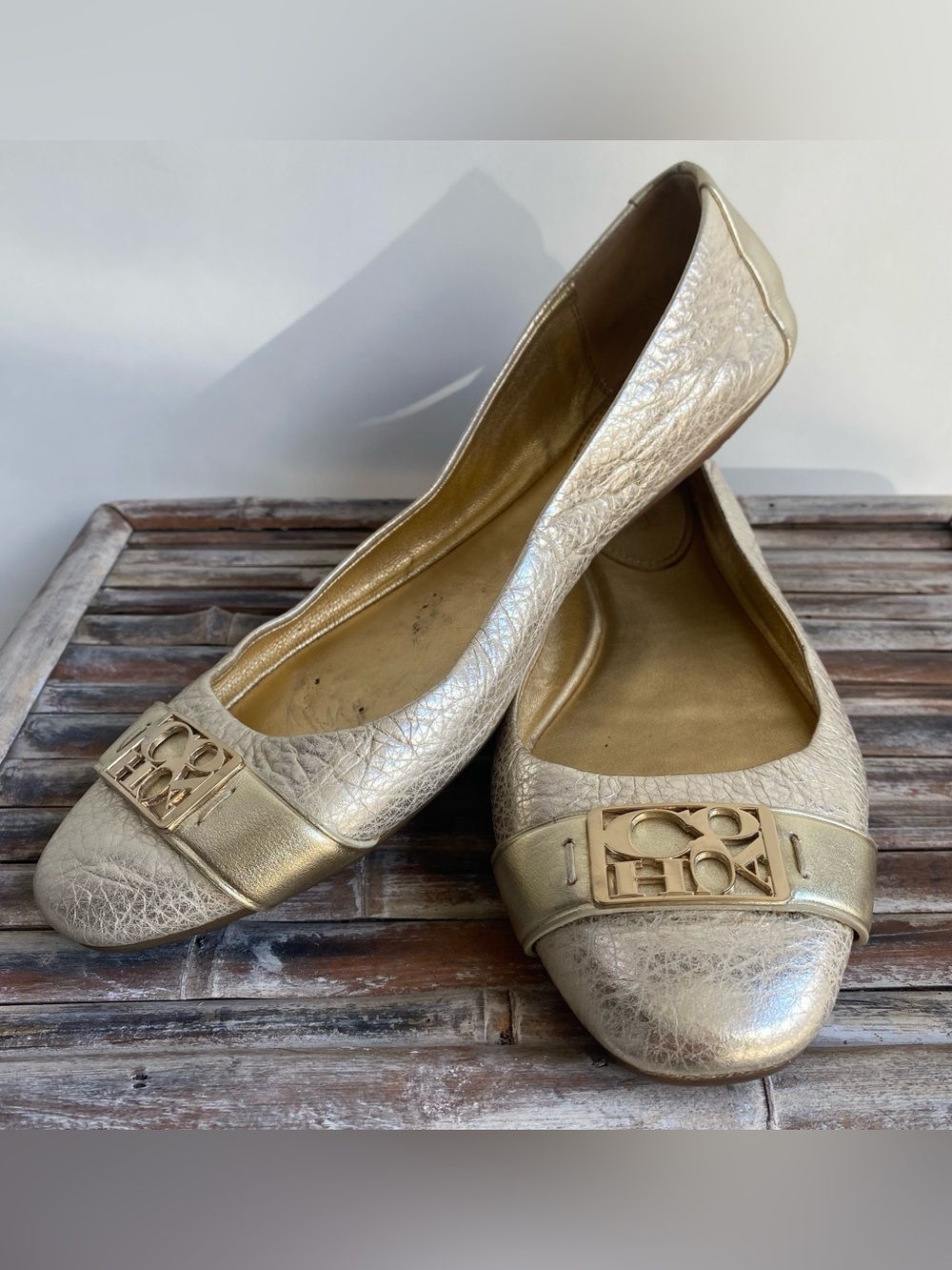 Coach Plaze ballet flats gold metallic crackle texture classic fall work office